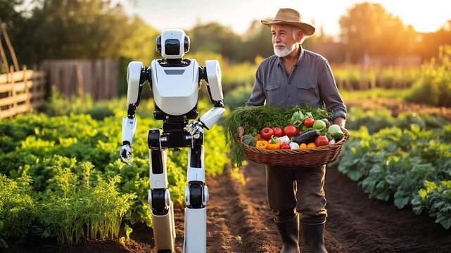 A farmer walking with his ai robot assistance in the vegetables farm ,  4K video.