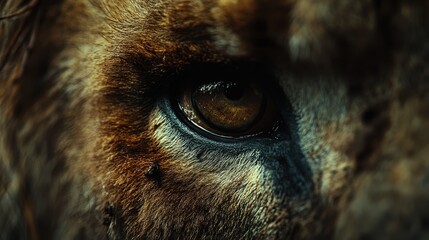 Close-up of a lion's eye, revealing intricate details of its iris and fur. Use it to symbolize focus, predatory power, or animal conservation.