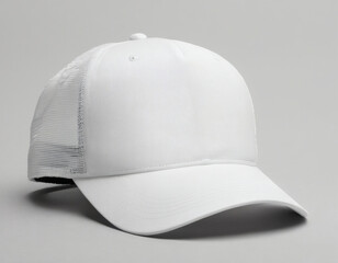 Empty white trucker cap hat mockup template isolated on a clean background, with a subtle shadow and beautiful fold, perfect for your branding design.
