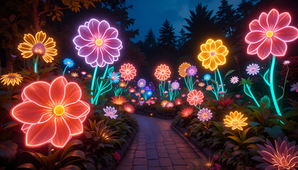 Midnight Garden Lights: Abstract Florals in Neon Glow
