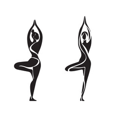 Fototapeta premium black and white digital illustration of a woman in a yoga tree pose, silhouette vector 