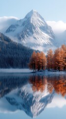 Obraz premium Snowy mountain peak reflects in calm water with trees in foreground.