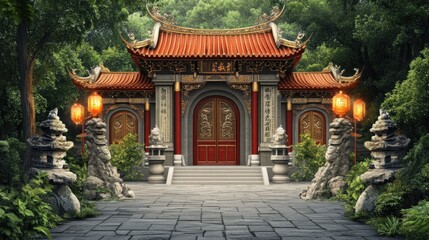 Fototapeta premium Tranquil Asian temple nestled in lush forest. Ornate architecture, stone lions guard entrance, pathway leads to grand structure