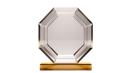 Close up of a clear octagonal award on a gold colored rectangular base isolated on transparent background	
