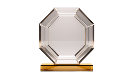 Close up of a clear octagonal award on a gold colored rectangular base isolated on transparent background	
