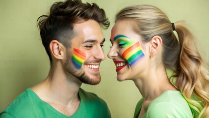 Smiling couple celebrates pride with rainbow face paint and green clothing