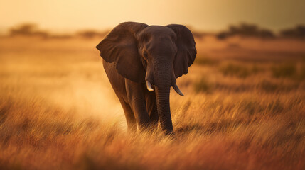 an african elephant walking in the savannah grassland at sunset