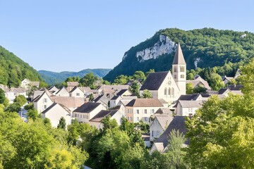 A quaint village nestled in a valley, surrounded by lush green hills