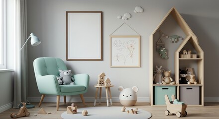 Modern Nursery Room Design Pastel Green Armchair, Wooden Toys, and Playful Decor