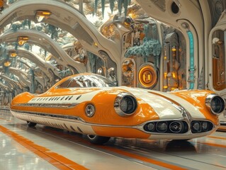 Fototapeta premium Futuristic orange and white car in an ornate architectural setting.