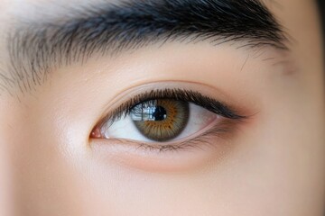 Obraz premium Close-up of human eye with brown iris and detailed eyelashes