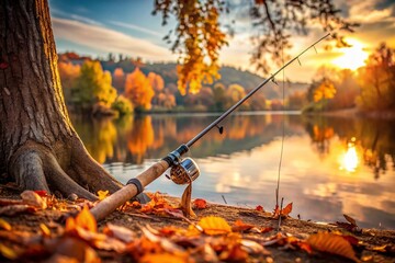 Naklejka premium Autumn Serenity: Fishing Rod Leaning Against a Lake Tree