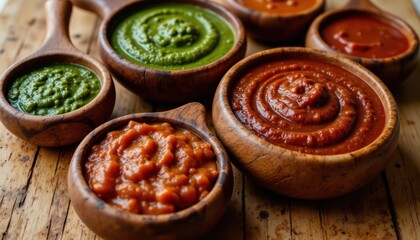 Delicious Sauces and Chutneys Culinary Kitchen Food Photography Rustic Setting Close-Up View Flavorful Variety
