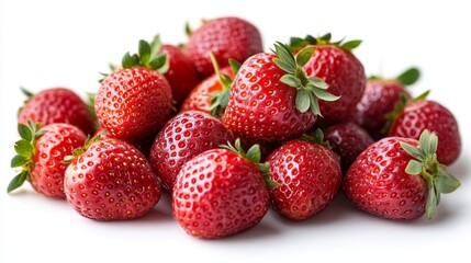 Fresh ripe strawberries with green stems on white background, close-up photo.