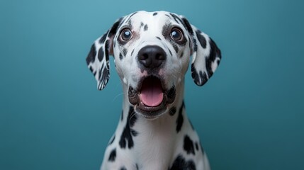 Surprised Dalmatian dog with open mouth on blue background close-up portrait.