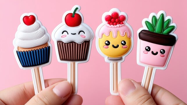 Cute Cartoon Cupcakes and Succulent on Sticks Against Pink Background
