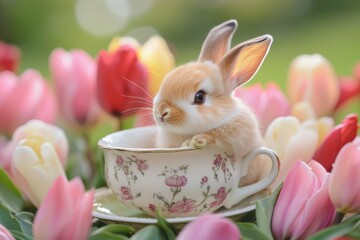 Adorable baby bunny sitting in floral teacup among vibrant tulips