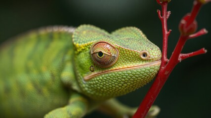 Fototapeta premium Close-Up View of Green Chameleon on Branch with Red Twigs