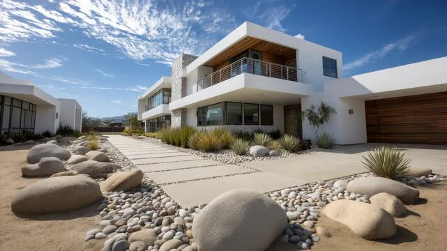 Modern desert home exterior on sunny day featuring clean lines, white stucco, wood accents, rocks, and drought tolerant landscaping