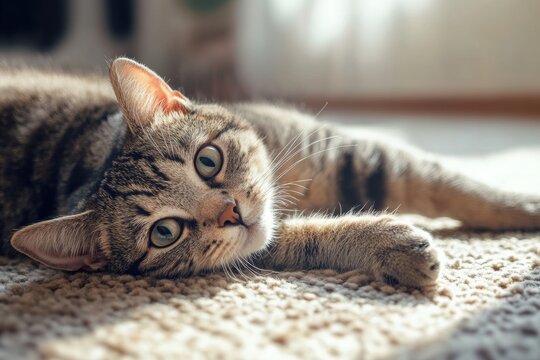 Playful tabby cat relaxing on sunlit carpet