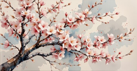 Blossoming Cherry Tree Branch Tranquil Landscape Floral Art Serene Setting Close-Up Nature's Beauty