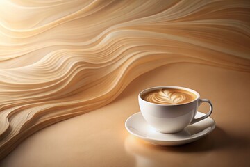 Obraz premium Beige Coffee Abstract: Serene White Cup on Soft Brown Waves Background