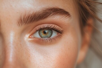 Obraz premium Close-up of a young caucasian female eye with natural makeup and freckles