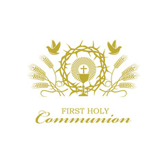 golden holy communion icon with chalice and thorn crown isolated on white background