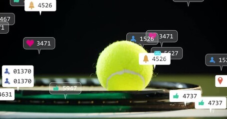 Tennis ball glowing on racket strings, floating notification bubbles showcasing social media icons - Powered by Adobe