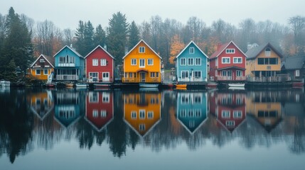 Obraz premium Colorful Lakeside Houses in Autumn Mist