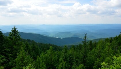 Scenic Mountain Range Vista with Evergreen Forest Under a Cloudy Sky