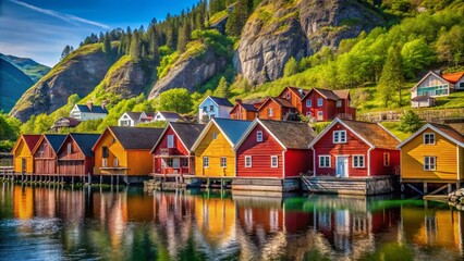 Naklejka premium Bergen Norway Fisherman's Houses Fjord Wooden Cabins Log Homes May 2024
