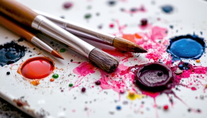 Obraz premium High-Resolution Close-Up of Creative Painting with Vibrant Colors and Brushes in Art Studio