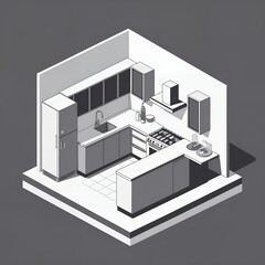 Isometric Kitchen Illustration with Minimalist Design and Shadow Play on Gray Background