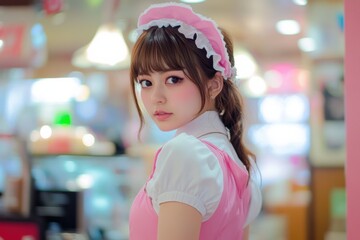 Fototapeta premium Asian young female in cute pink maid costume with soft lighting and pastel background