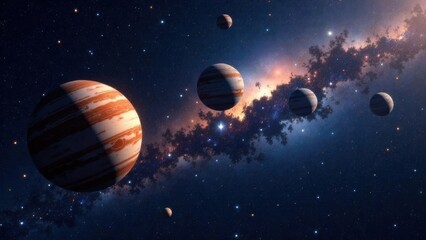 Image of planets in outer space against the background of stars and nebulae. Deep Space Travel