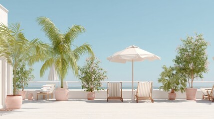 Fototapeta premium Luxurious Coastal Terrace with Palm Trees, Wicker Furniture, and Stunning Ocean View for Relaxation and Vacation.