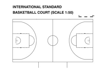 Top view of an international standard basketball court with transparent background, showing all key areas including the three-point line, free-throw lane, center circle. Ideal for teaching, coaching