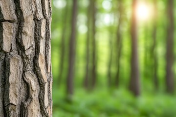 Obraz premium Close-up of tree bark with a blurred forest background in the sunlight