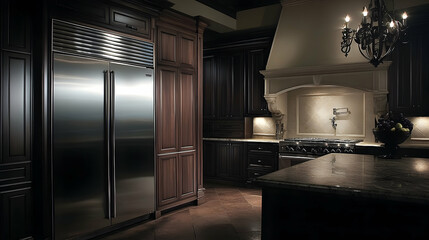 Modern kitchen interior featuring stainless steel refrigerator and elegant cabinetry at night