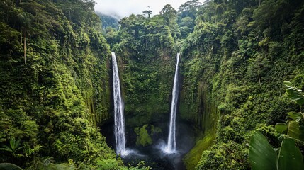 Lush rainforest valley with twin waterfalls