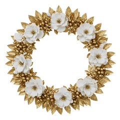 Floral wreath with gold leaves on white