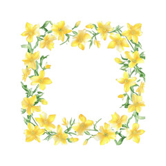 Obraz premium Square Floral Frame of Yellow Flowers with Green Leaves - Watercolor Style
