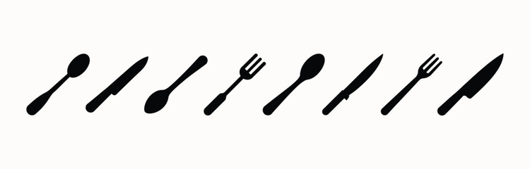 cutlery - fork, knife, spoon, teaspoon silhouette shape, set of black and white vector illustration, white background	