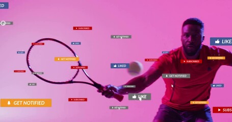 Mid-adult male swinging tennis racket at ball in studio, showcasing floating social media alerts - Powered by Adobe