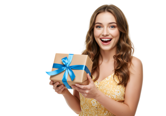 A woman holding a gift box, isolated