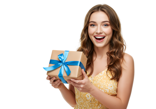A woman holding a gift box, isolated
