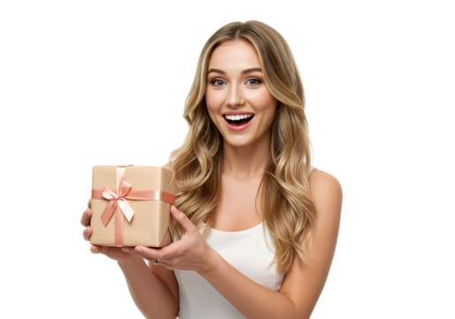 A woman holding a gift box, isolated