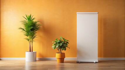 Blank Roll Up Banner Mockup, Orange Wall, Potted Plant - Presentation Design Template