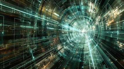 Fototapeta premium Abstract digital shape and particle technological cyber style design connecting become system shape of electronic designing. High tech scenery express mysterious pattern perfect for wallpaper. AIG53.